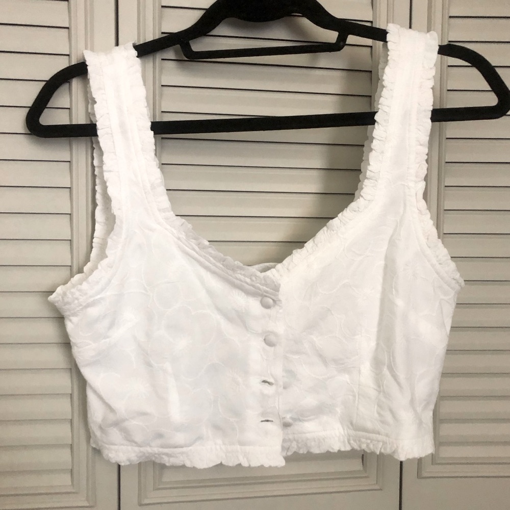 Forever 21 white floral eyelet crop button up top